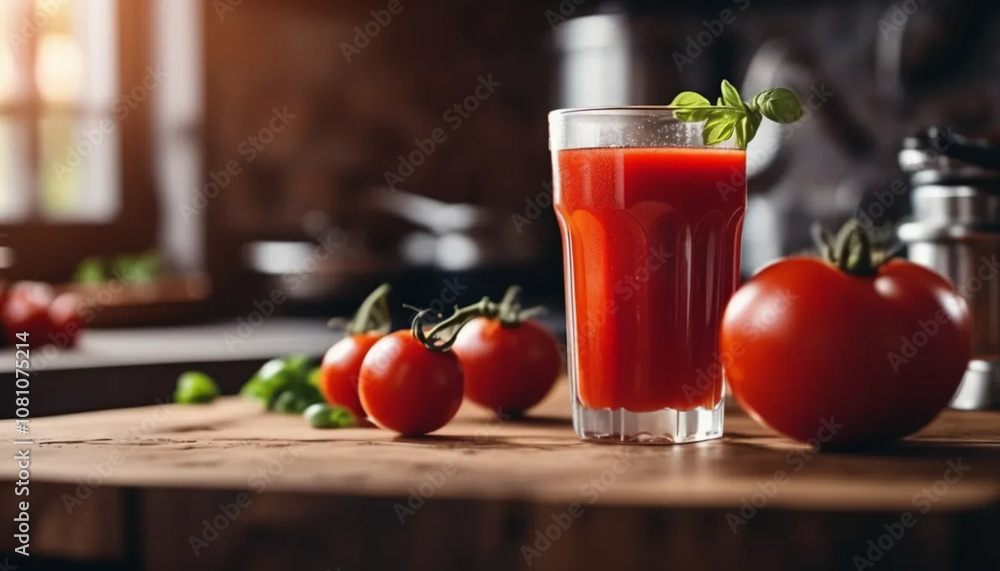 Tomato juice in a glass in modern kitchen, ai Tomato juice in a glass in modern kitchen, ai