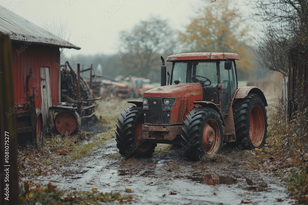 Red tractor parked on muddy ground near barn on overcast day in rural setting, depicting agricultural scene Red tractor parked on muddy ground near barn on overcast day in rural setting, depicting agricultural scene