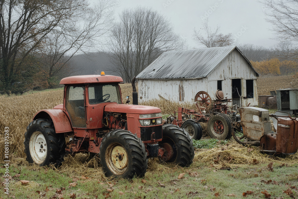 Red tractor sits idle in harvested field near an old barn and other farm equipment on a cloudy autumn day