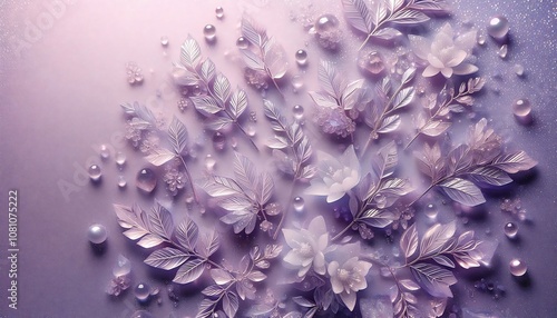 Elegant lavender glitter background featuring jelly leaves and delicate frozen droplets,floral lavender background
