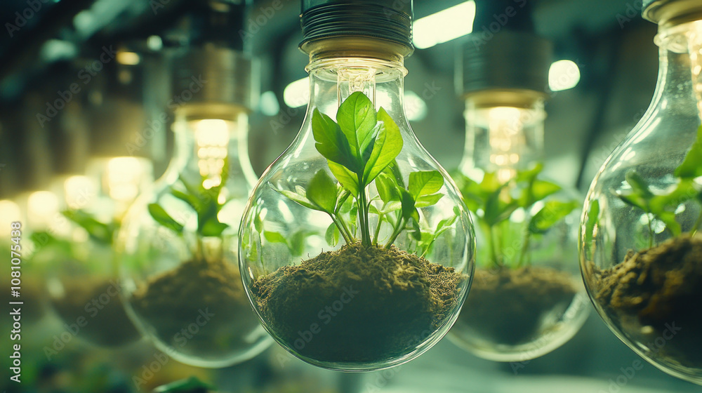 Renewable energy, like sunlight, is used to power the development of plants inside light bulbs with water. Renewable energy, like sunlight, is used to power the development of plants inside light bulbs with water.