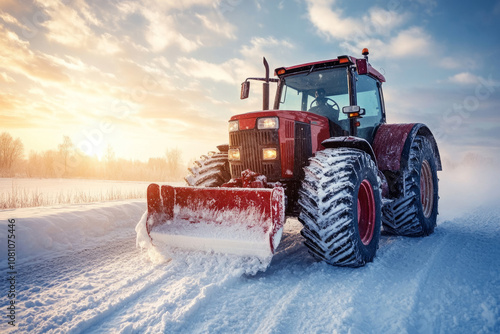 Tractor clearing snow from a mountain road surrounded by snowy trees and mountains in the background