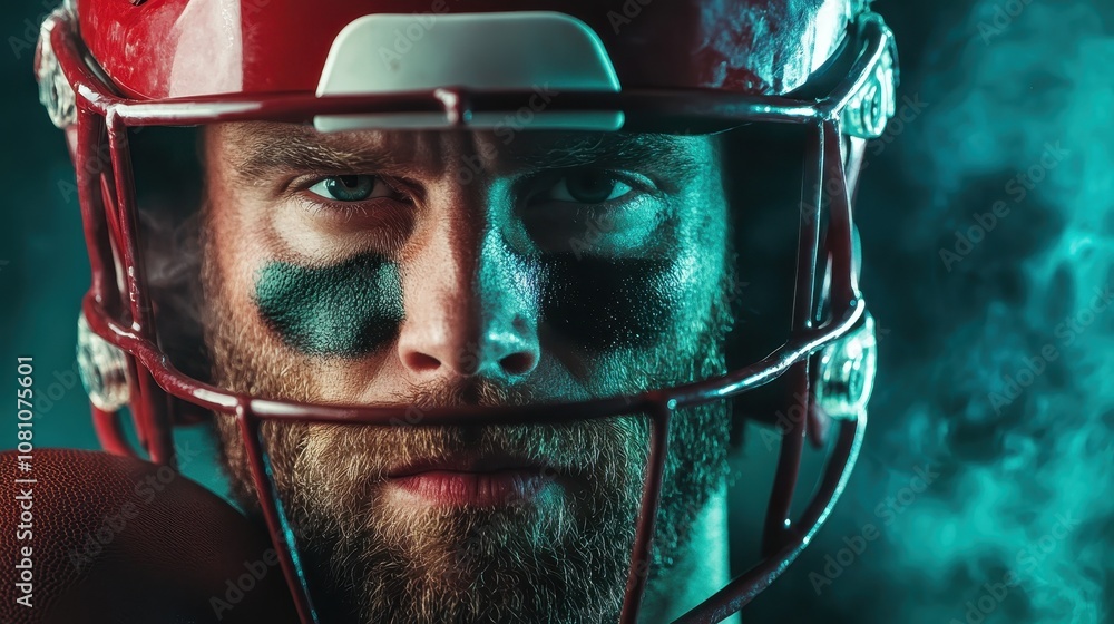 A close-up reveals a football player with black eye paint glaring intensely, blending athleticism with dramatic lighting for a visually striking image. A close-up reveals a football player with black eye paint glaring intensely, blending athleticism with dramatic lighting for a visually striking image.
