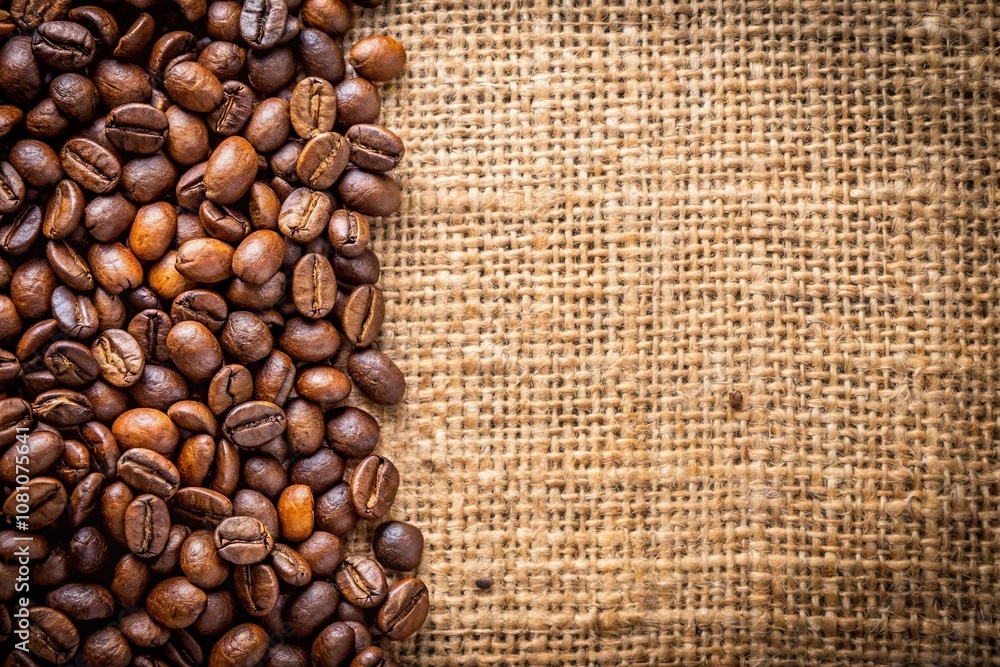 Fototapeta premium Coffee bean on rustic jute fabric and wooden background, wide angle shot