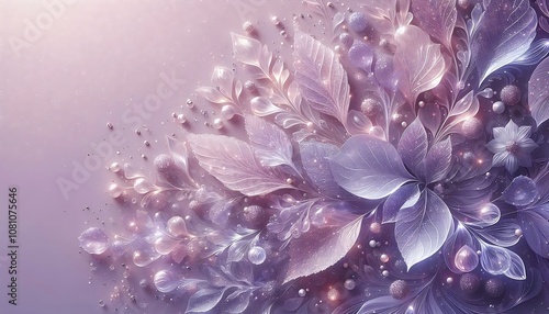Elegant lavender glitter background featuring jelly leaves and delicate frozen droplets,floral lavender background