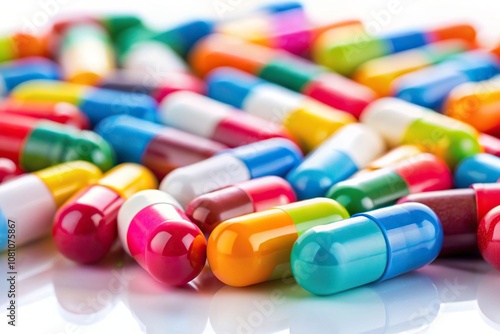 colorful oral medication pills on white background