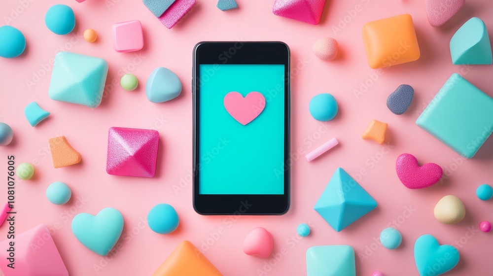 A modern smartphone with a pink heart on the screen is surrounded by playful shapes in vibrant colors, symbolizing connection, love, joy, and creativity. A modern smartphone with a pink heart on the screen is surrounded by playful shapes in vibrant colors, symbolizing connection, love, joy, and creativity.