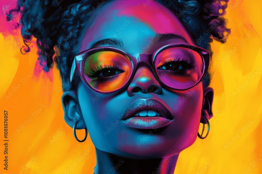 Fototapeta premium Close-up portrait of a young woman wearing stylish eyeglasses with colorful neon lights illuminating her face, creating a vibrant and fashionable atmosphere