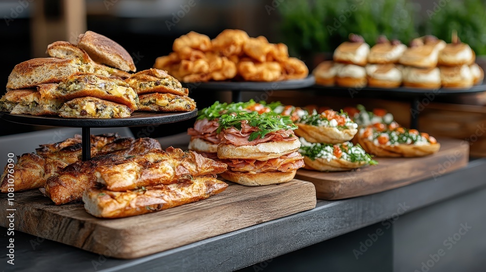 An array of gourmet savory pastries, including sandwiches and tarts, is artfully displayed on a wooden board, showcasing diverse flavors and textures. An array of gourmet savory pastries, including sandwiches and tarts, is artfully displayed on a wooden board, showcasing diverse flavors and textures.