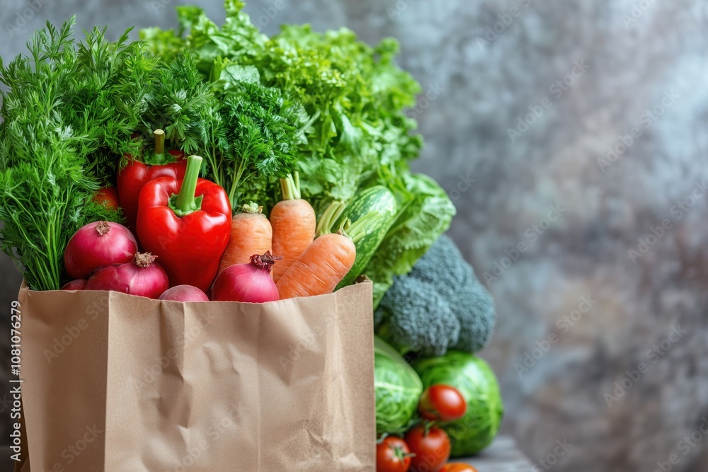 Overflowing with an array of fresh, colorful farm vegetables bursting from a paper bag, a beautiful display of the bountiful harvest Overflowing with an array of fresh, colorful farm vegetables bursting from a paper bag, a beautiful display of the bountiful harvest