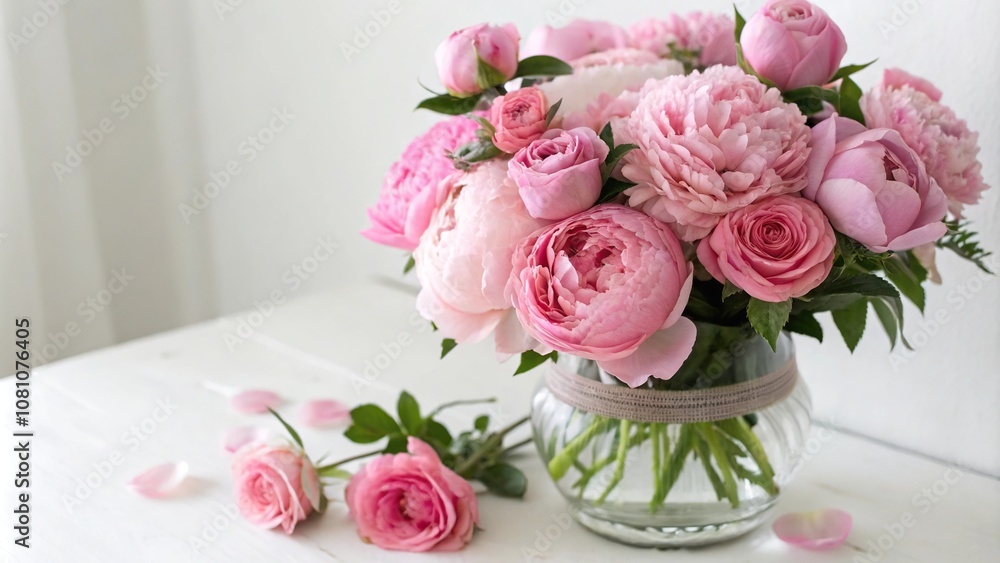 Soft pink peonies and roses are arranged in a vase with a simple white background, interior design, home decor Soft pink peonies and roses are arranged in a vase with a simple white background, interior design, home decor