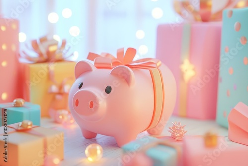 A pink piggy bank with a bow sits among colorful wrapped gifts, symbolizing saving money for gifts, financial planning, holiday shopping, and spending wisely for special occasions. photo