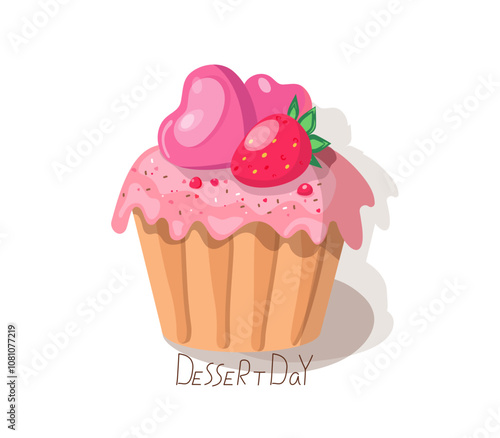 Sweet pastry, bakery, dessert, souffle. Cake and hearts. Sweets day. Hand lettering, Dessert day. Delicate cream cake. Valentine's day, wedding, festive decor. Design for cards.