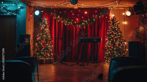 Christmas karaoke night setup with festive songs and decorations