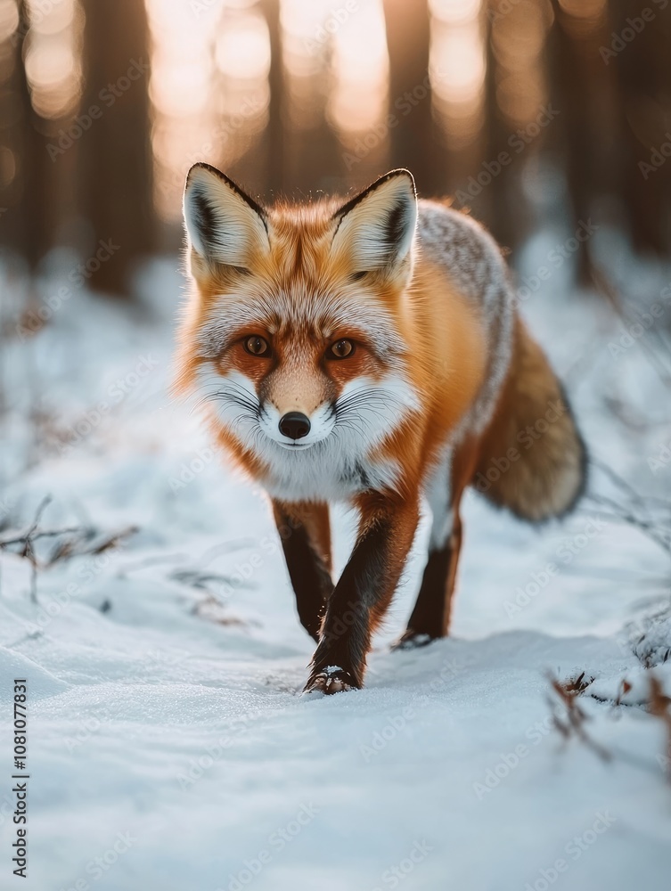 Fototapeta premium A red fox gracefully walks through a snowy forest, its fur glowing in the soft light of the setting sun. The fox embodies grace, stealth, and the beauty of nature in winter.