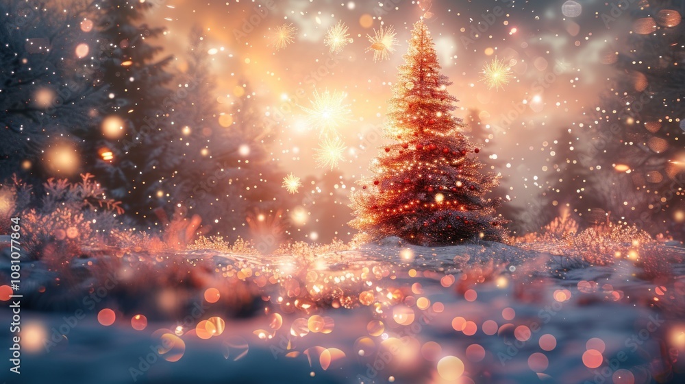 Naklejka premium A snowy winter landscape with a beautifully decorated Christmas tree, twinkling fairy lights, and fireworks lighting up the night sky