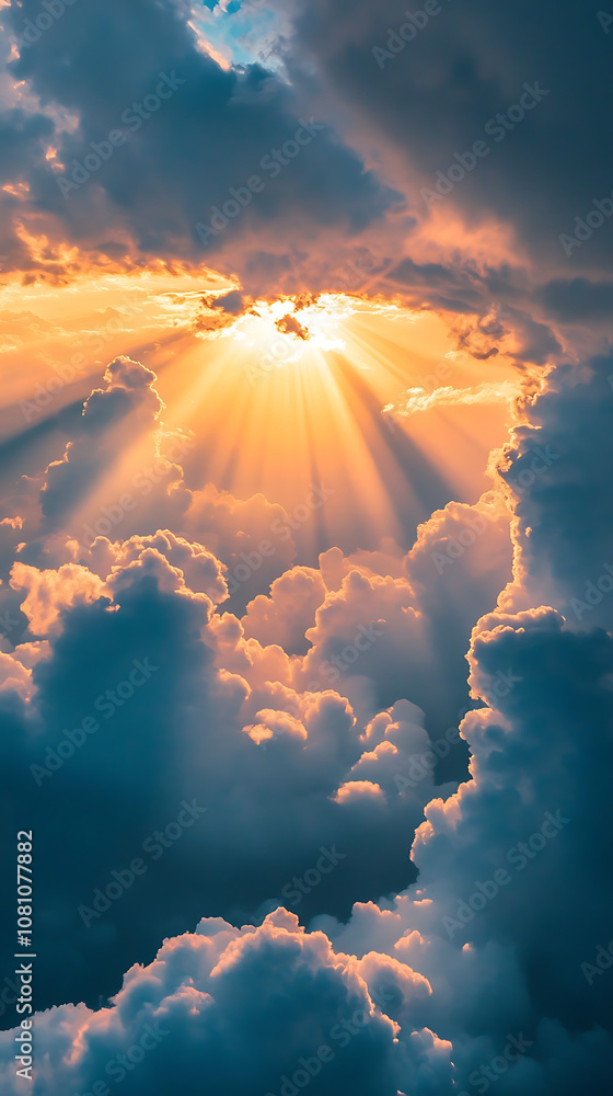Fototapeta premium Powerful sunbeams breaking dense storm cover image