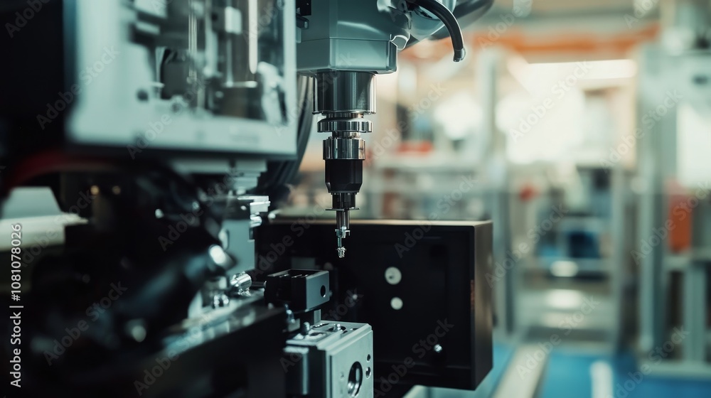 A robotic arm with a drill bit performs precision assembly work in a modern factory setting. This image showcases the advanced technology and automation used in modern manufacturing. A robotic arm with a drill bit performs precision assembly work in a modern factory setting. This image showcases the advanced technology and automation used in modern manufacturing.