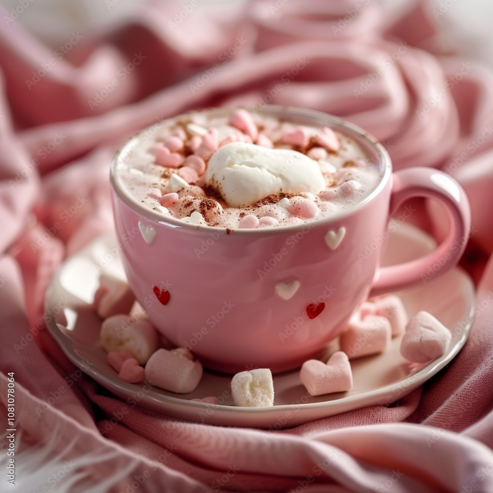 A pink cup of cocoa with marshmallow valentine's day picture A pink cup of cocoa with marshmallow valentine's day picture