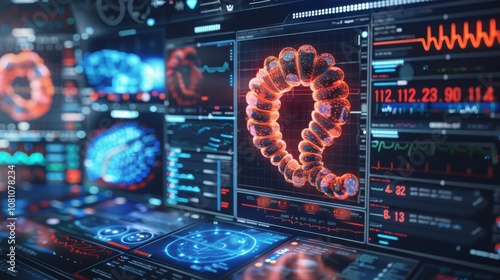 Colon testing results on digital interface in laboratory or surgical background, innovative technology in science and medicine concept. medical technology