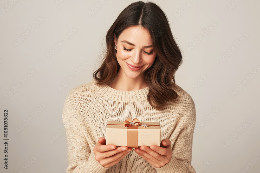 A woman opens a Christmas gift on a light background with space for text. A woman opens a Christmas gift on a light background with space for text.