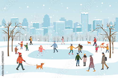 City winter park with people walking, ice skating, snow-covered trees, benches, paths and lanterns against the backdrop of the city. City park landscape winter christmas nature.