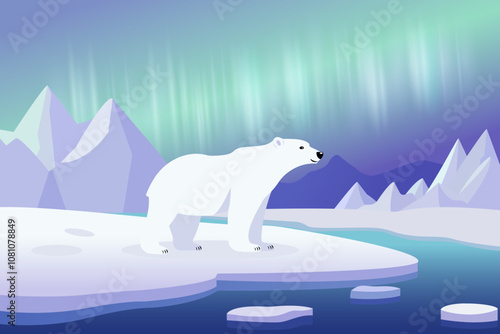 Polar bear on an ice floe and northern lights. A beautiful polar bear floats on an ice floe against the backdrop of a landscape of large glaciers and icebergs.