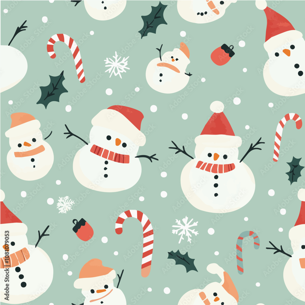 Cute seamless pattern with small snowmen and candy canes Cute seamless pattern with small snowmen and candy canes