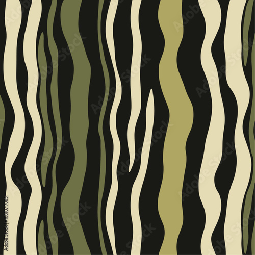 Taupe and olive green snake skin-inspired pattern with flowing hand-drawn lines, perfect for trendy wallpapers, textile designs, and cards, vector illustration, unique art ideas.