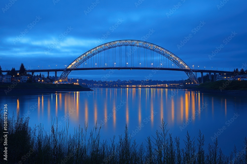 Fototapeta premium Serene blue hour view of a curved bridge illuminated by city lights reflected on the water