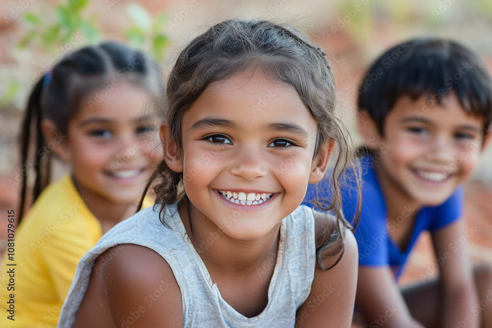 Cheerful, diverse children smiling and exuding joy and friendship outdoors on a sunny day Cheerful, diverse children smiling and exuding joy and friendship outdoors on a sunny day