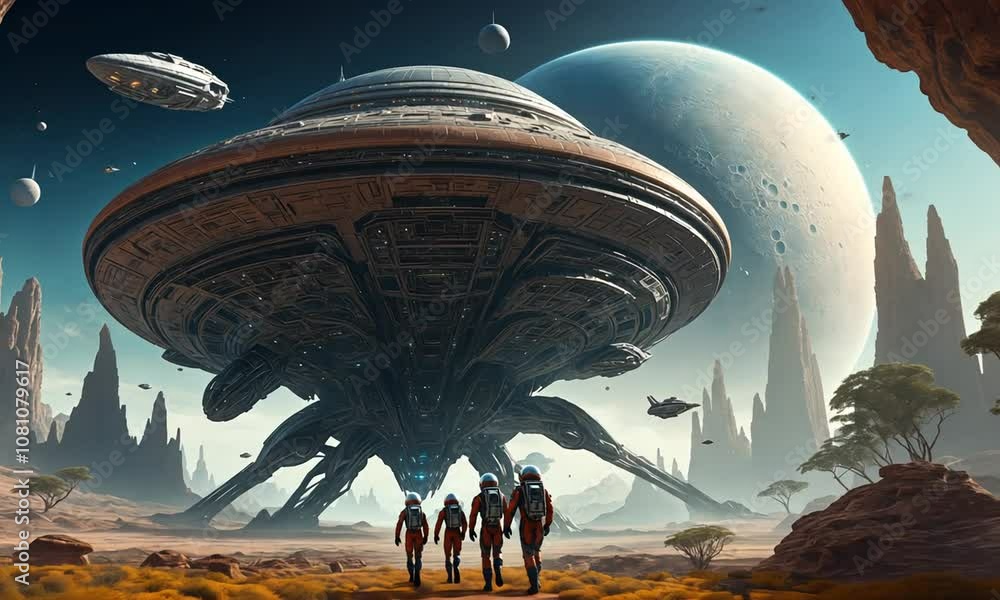 Exploring an alien landscape with astronauts approaching a giant spacecraft on a distant planet during an extraterrestrial expedition Exploring an alien landscape with astronauts approaching a giant spacecraft on a distant planet during an extraterrestrial expedition