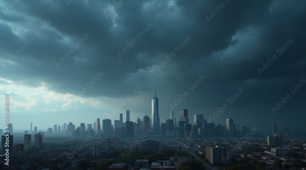 A photorealistic image of a city skyline under a dark, cloudy sky, showcasing the contrast between urban life and the dramatic weather above. A photorealistic image of a city skyline under a dark, cloudy sky, showcasing the contrast between urban life and the dramatic weather above.