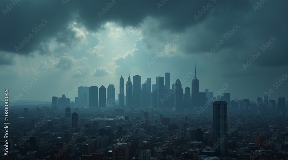 A photorealistic image of a city skyline under a dark, cloudy sky, showcasing the contrast between urban life and the dramatic weather above. A photorealistic image of a city skyline under a dark, cloudy sky, showcasing the contrast between urban life and the dramatic weather above.