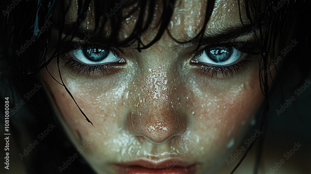 Close-up of a woman with tears and expressive blue eyes Close-up of a woman with tears and expressive blue eyes