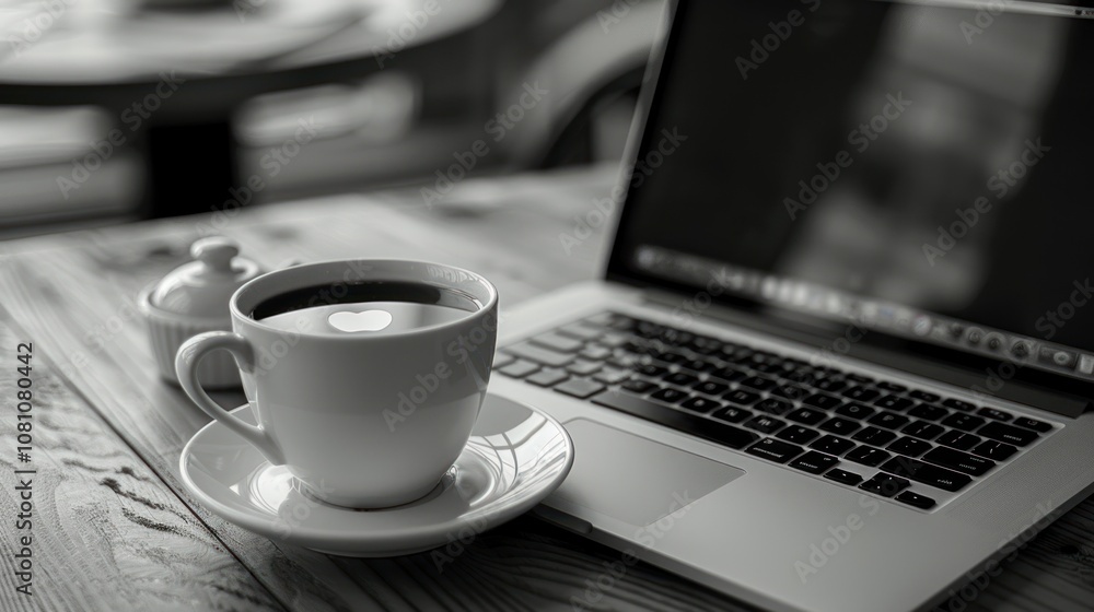 A cup of coffee and a laptop on a wooden table.
