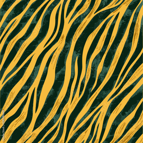 Deep forest green zebra pattern, mustard yellow zebra print, hand-drawn with textured strokes, trendy pattern wallpaper design, animal print poster illustration, fabric textile design.