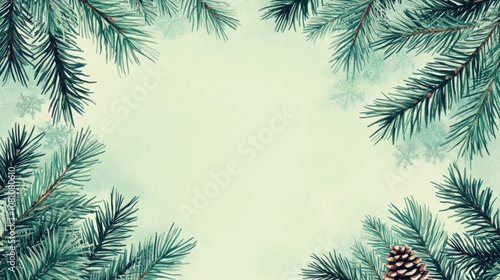 Festive pine branch frame on light pastel green background