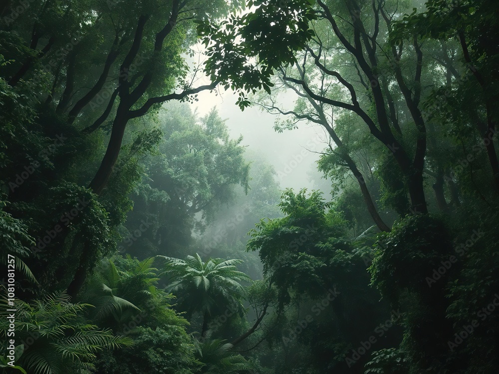 Obraz premium Thick, lush jungle canopy shrouded in mist, wildernes, greenery