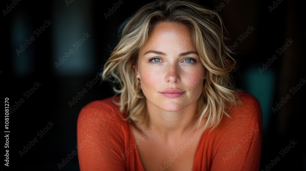 Portrait of a woman with wavy blonde hair and bright blue eyes wearing an orange top, showcasing a serene and confident expression against a dark background. Portrait of a woman with wavy blonde hair and bright blue eyes wearing an orange top, showcasing a serene and confident expression against a dark background.