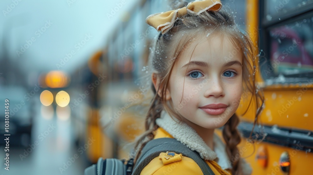 A little blonde girl with long braids and a backpack is standing next to a school bus. A little blonde girl with long braids and a backpack is standing next to a school bus.
