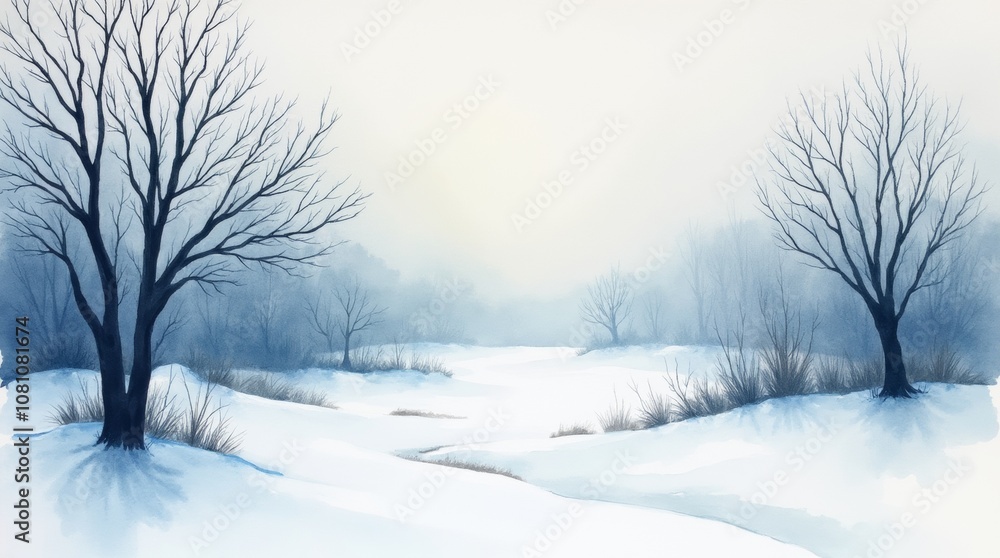 A watercolor painting depicting a cold winter day with bare trees and a gray sky, evoking the somber mood of Blue Monday amidst the winter landscape. A watercolor painting depicting a cold winter day with bare trees and a gray sky, evoking the somber mood of Blue Monday amidst the winter landscape.