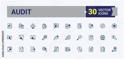 Audit thin line icon set. Featuring financial, economy, tax, asset, accountant and more. Collection for mobile and web apps. Vector outline and solid icons collection.