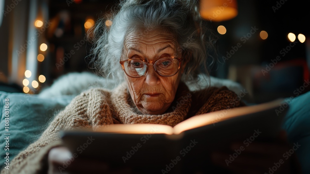 A focused senior woman, wrapped in a cozy sweater, is deeply absorbed in a book, bathed in warm light, conveying an atmosphere of peaceful introspection at home. A focused senior woman, wrapped in a cozy sweater, is deeply absorbed in a book, bathed in warm light, conveying an atmosphere of peaceful introspection at home.