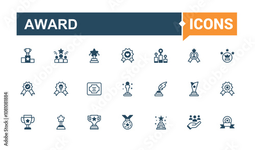 Award thin line icon set. Related to win, app, competition, top, quality, diploma and more. Simple icon designs. Solid line editable vector illustration.