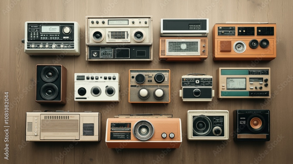 Obraz premium Collection of vintage radios and cassette players arranged on a wooden surface, showcasing various designs and styles from different eras.