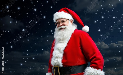 Santa Claus, red suit, white beard, jolly expression, snowy background, starry night sky, festive, Christmas, portrait, magical atmosphere, twinkling lights, winter scene, classic holiday imagery, det photo