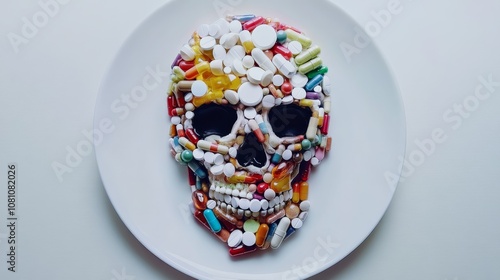 A skull formed entirely from pills and capsules, a stark reminder of the potential dangers of overmedication and reliance on pharmaceuticals. photo