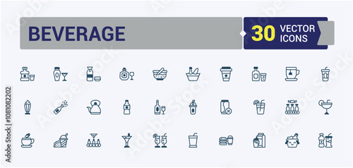 Beverage line web icon set. Includes icons for flute glass, vendors, hotels, catering, buffets, events, alcoholic, sourcing. Minimalist thin linear icon. Vector outline and solid icons collection.