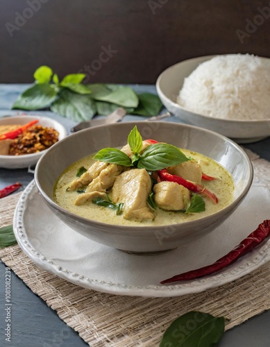 Spicy Thai Green Curry With Tender Chicken Pieces, Coconut Milk, and Fresh Basil, Served With Steamed Jasmine Rice on a Traditional Thai Dinner Table Setting